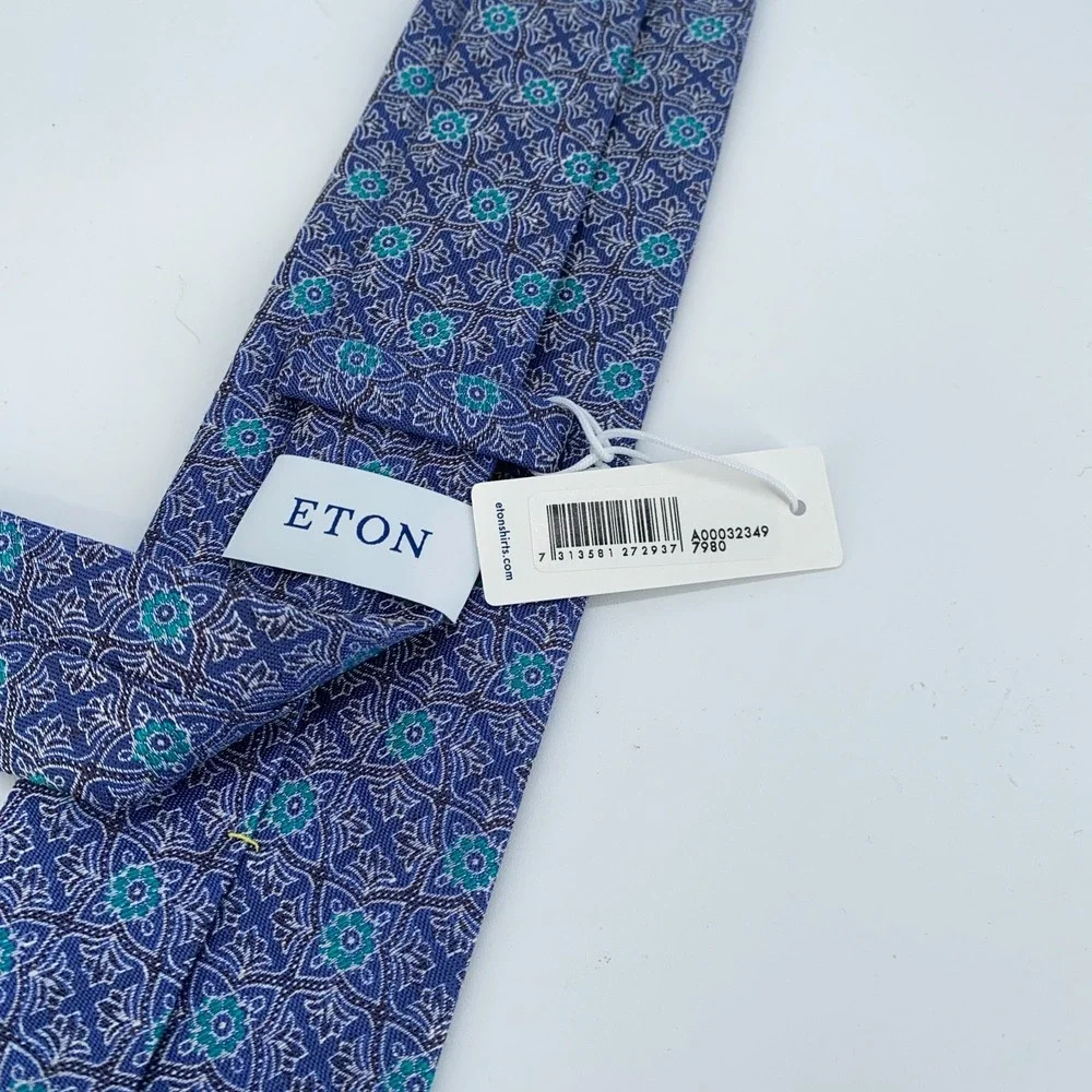 Eton Tie Men One Size Blue Green Floral Linen Classic Fit Necktie Italy Made NWT